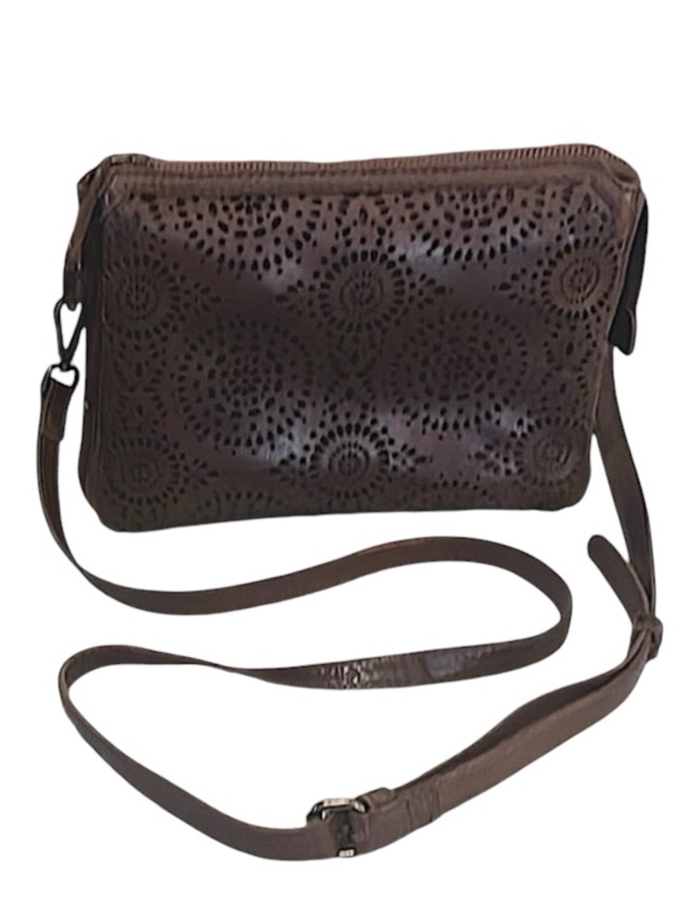 Brown Leather Perforated Boho Neutral Crossbody Shoulder Blokecore Bag Purse